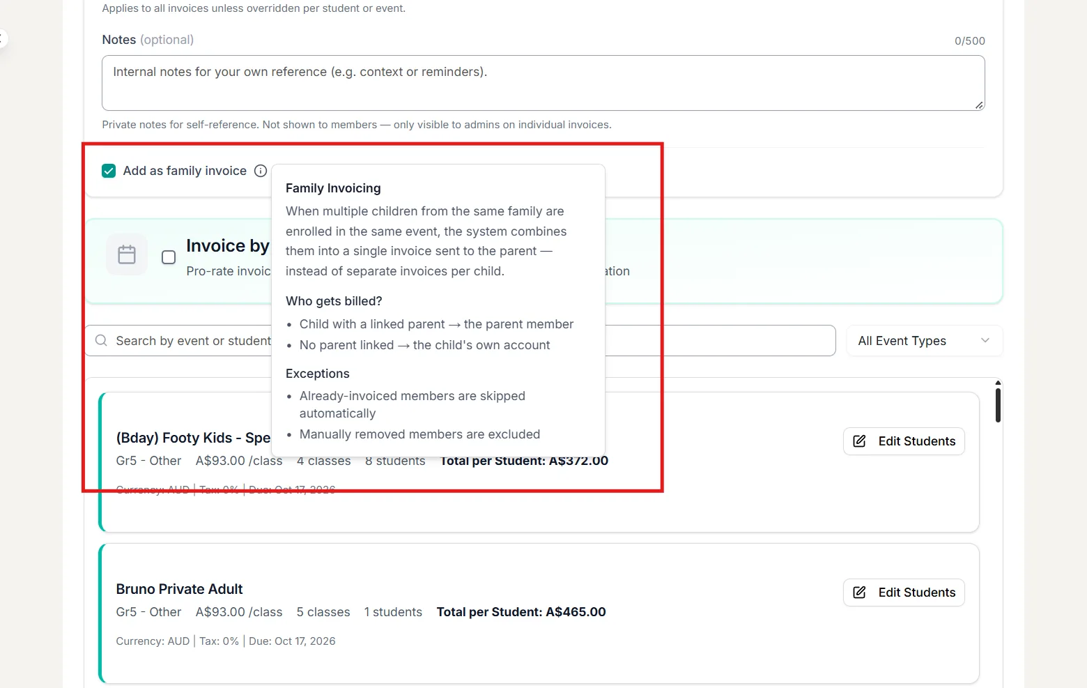 Invoice settings in Outcoach with Add as family invoice ticked and a note explaining who gets billed