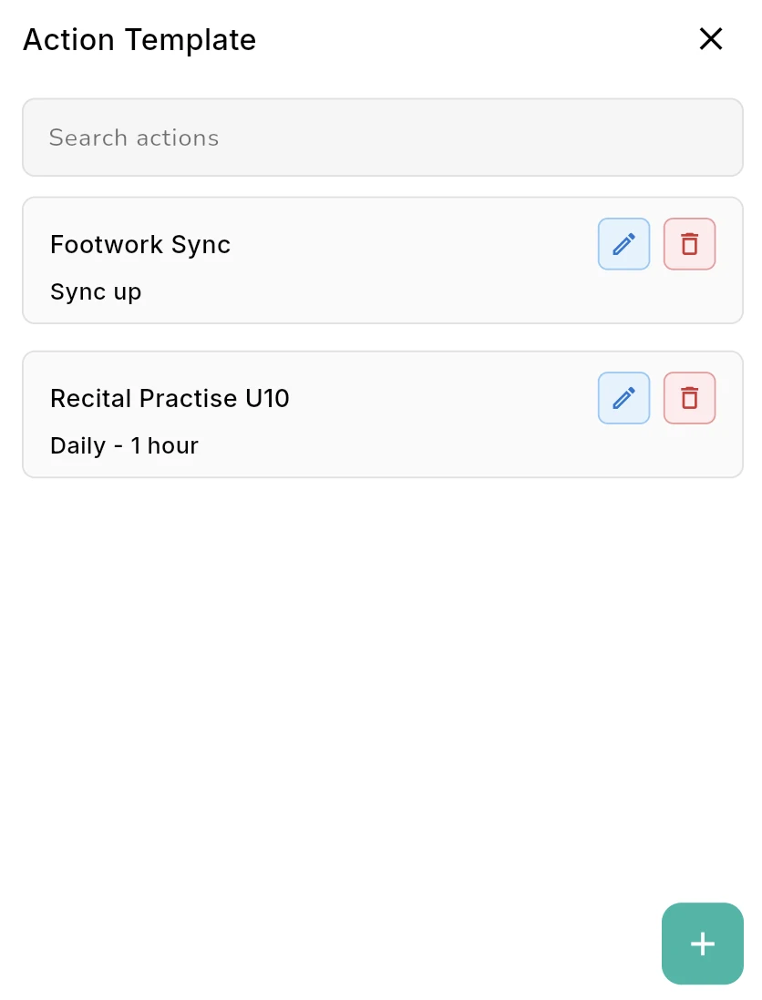 Outcoach Action Template library with searchable practice actions like Recital Practise U10, daily for one hour