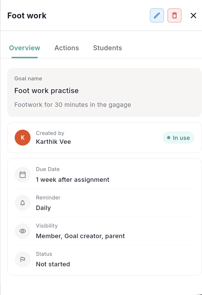 Outcoach goal template details showing goal name, description, creator, due date one week after assignment, daily reminder, visibility and status