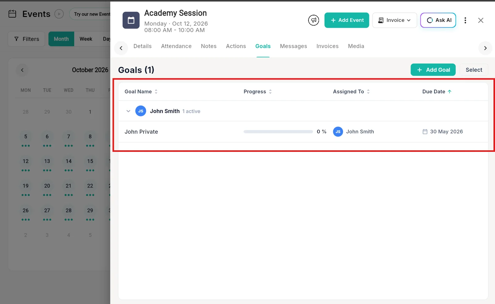 Goals tab inside an Outcoach event showing a student’s goal, progress and due date