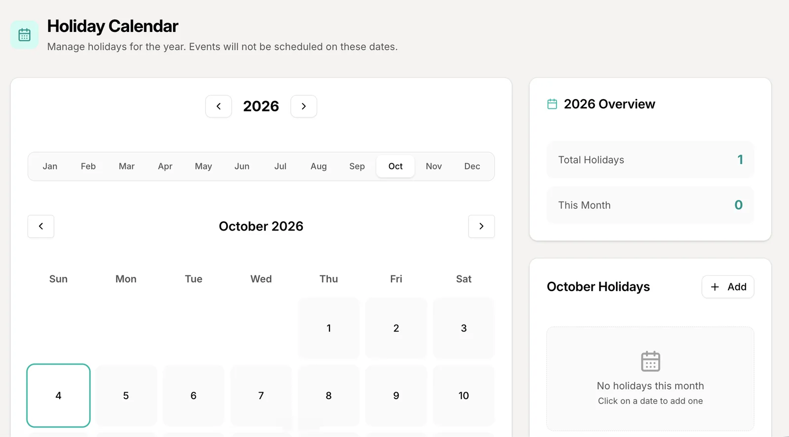 Outcoach holiday calendar for marking term breaks and public holidays