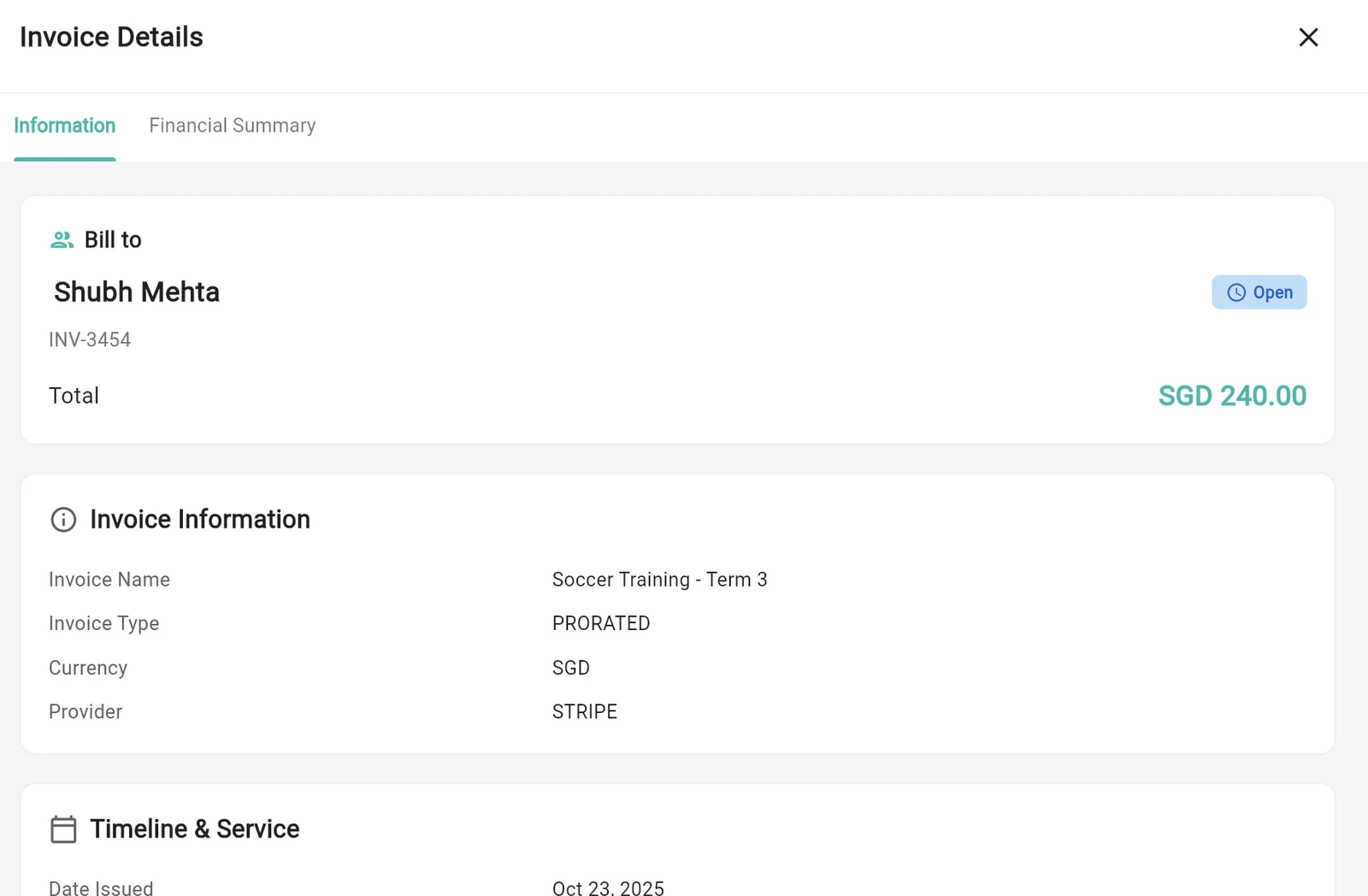 Outcoach invoice details showing bill-to, invoice number, status, prorated type, currency and Stripe provider