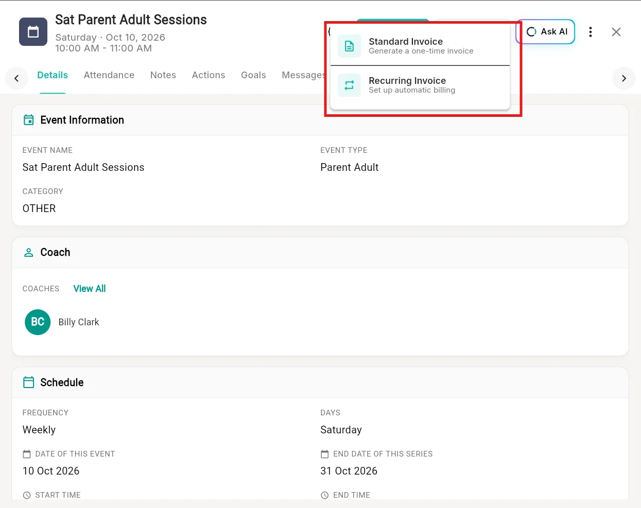Invoice menu inside an Outcoach event with Standard Invoice and Recurring Invoice options