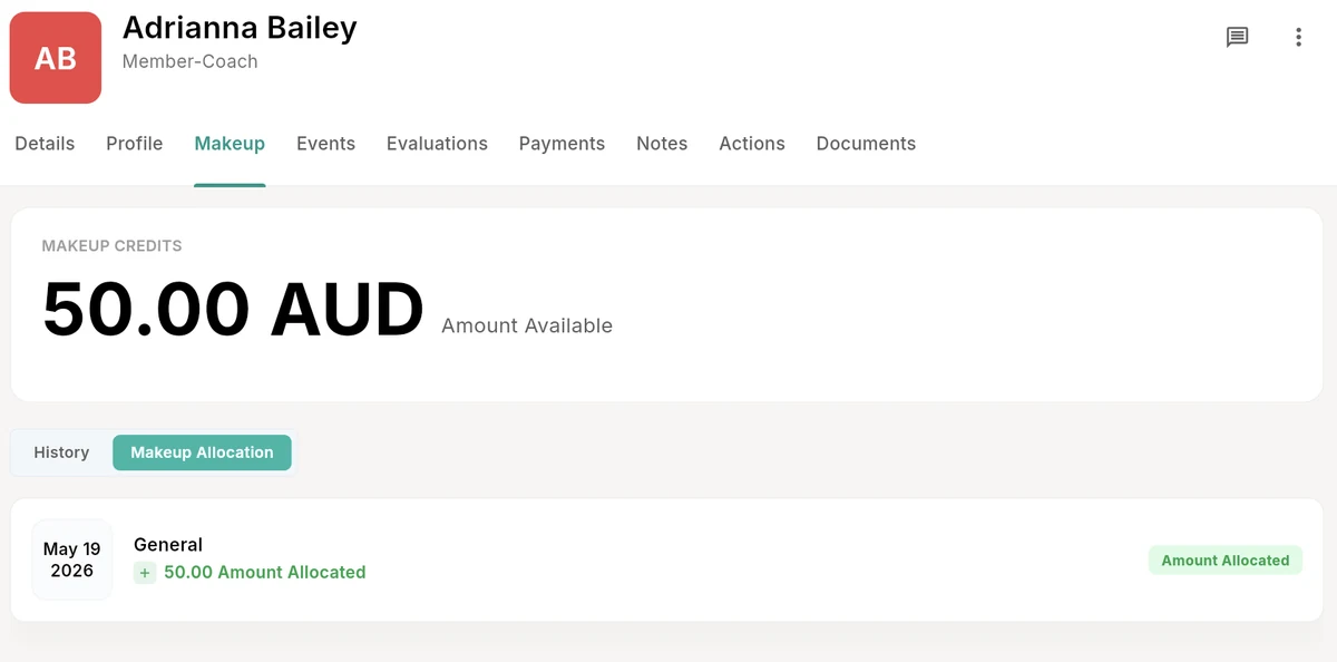 Makeup Allocation tab showing 50.00 amount allocated to a student
