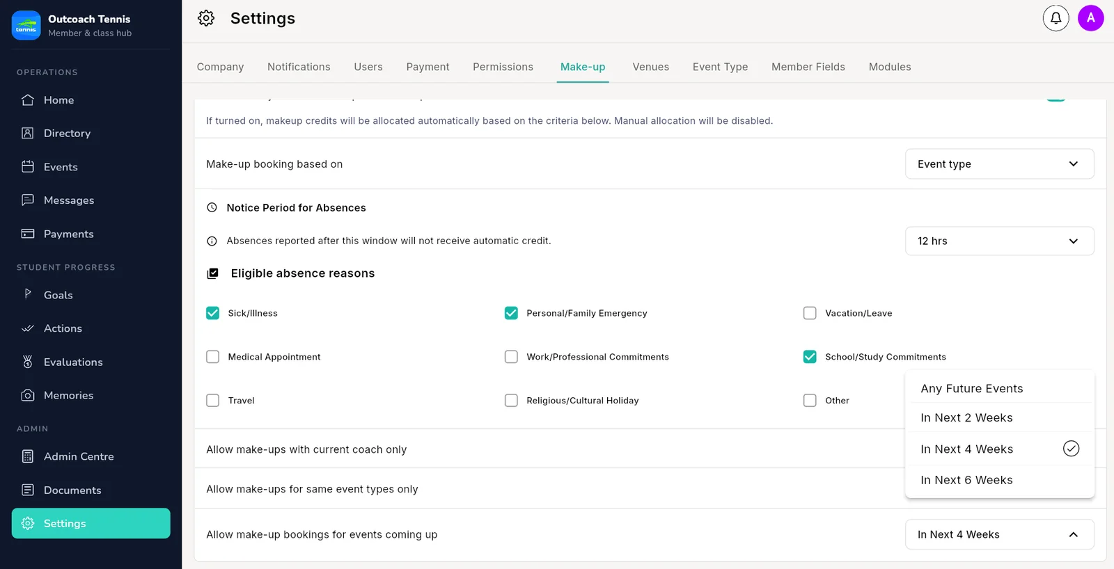Make-up settings in Outcoach with notice period, eligible absence reasons and booking window options