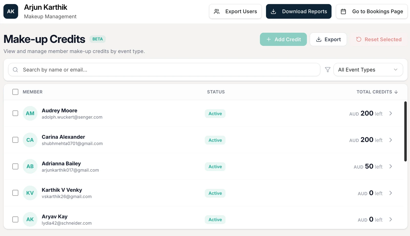 Outcoach Make-up Credits screen showing each member’s credit balance, with Add Credit, Export and Reset Selected