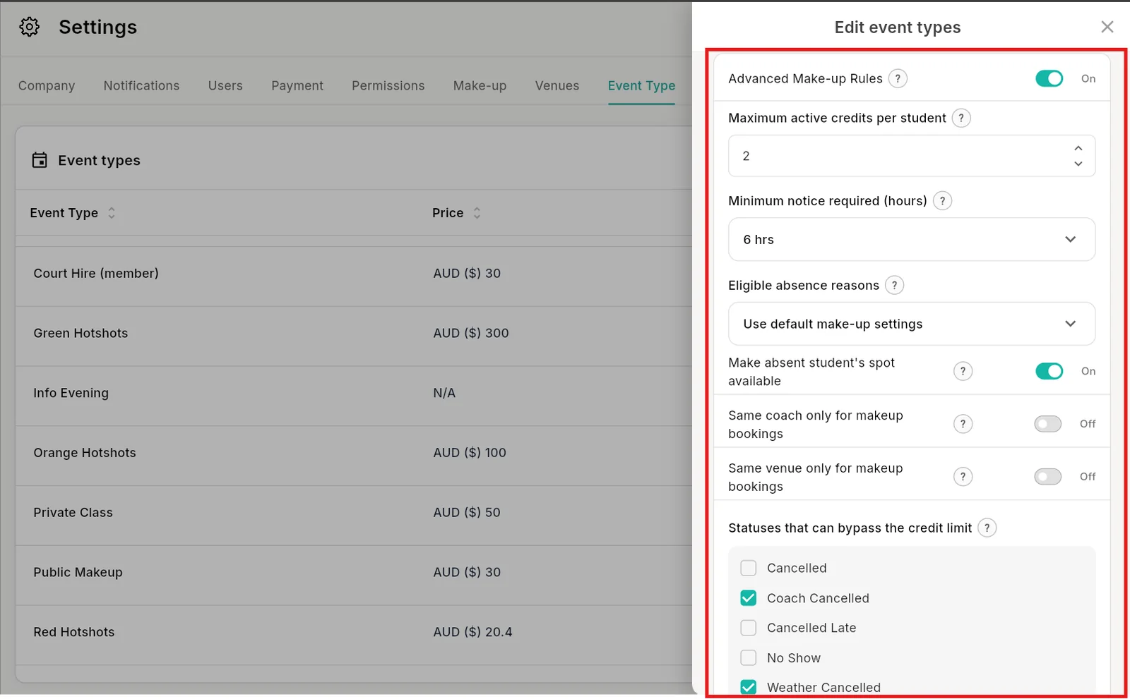 Edit event types panel in Outcoach with makeup rules for credit limits, notice period, absence reasons and statuses that bypass the limit