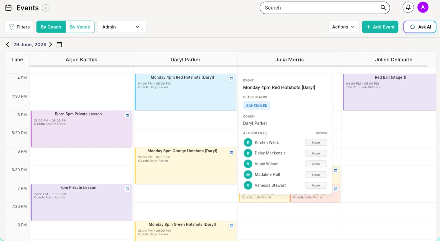 Outcoach events calendar by coach, with a class preview showing status, coach and attendees on hover