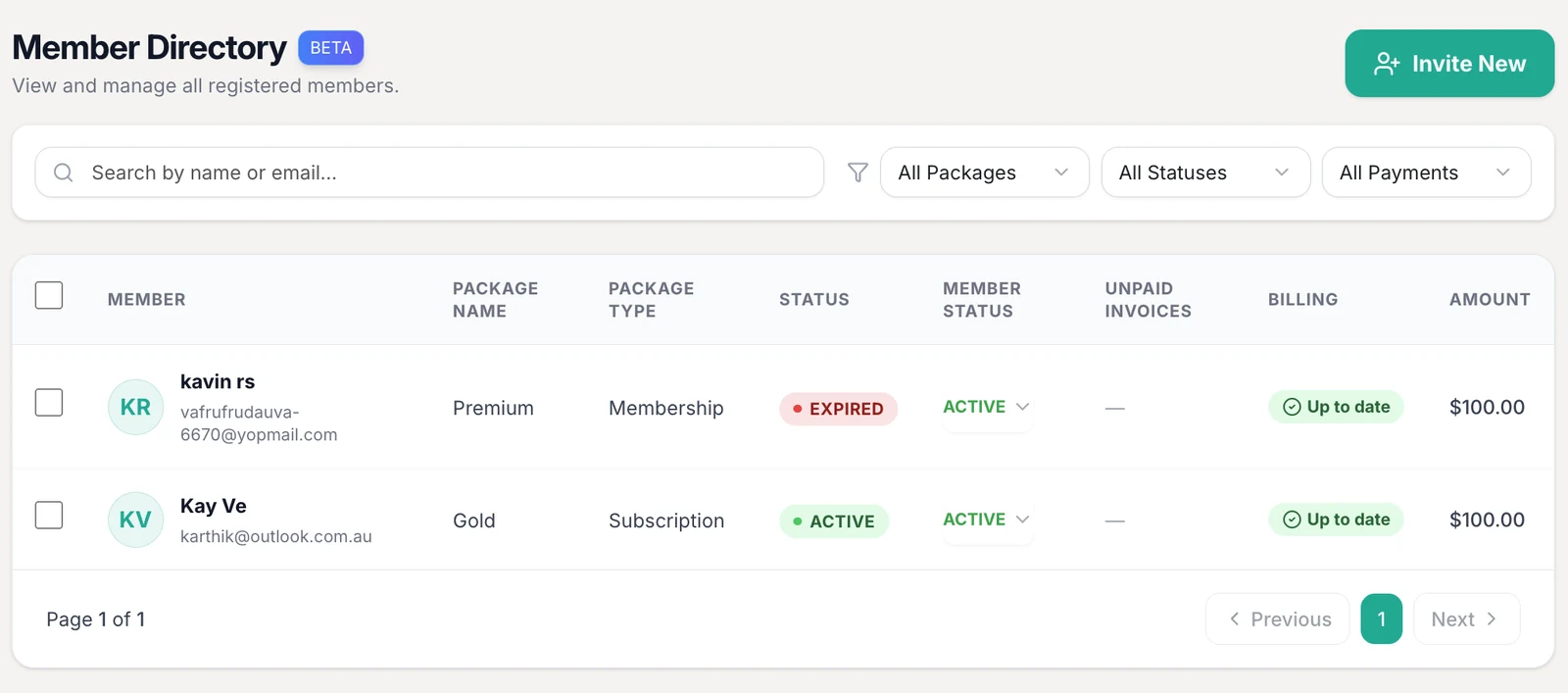 Outcoach Member Directory with search, filters for packages, statuses and payments, membership status, billing and amount