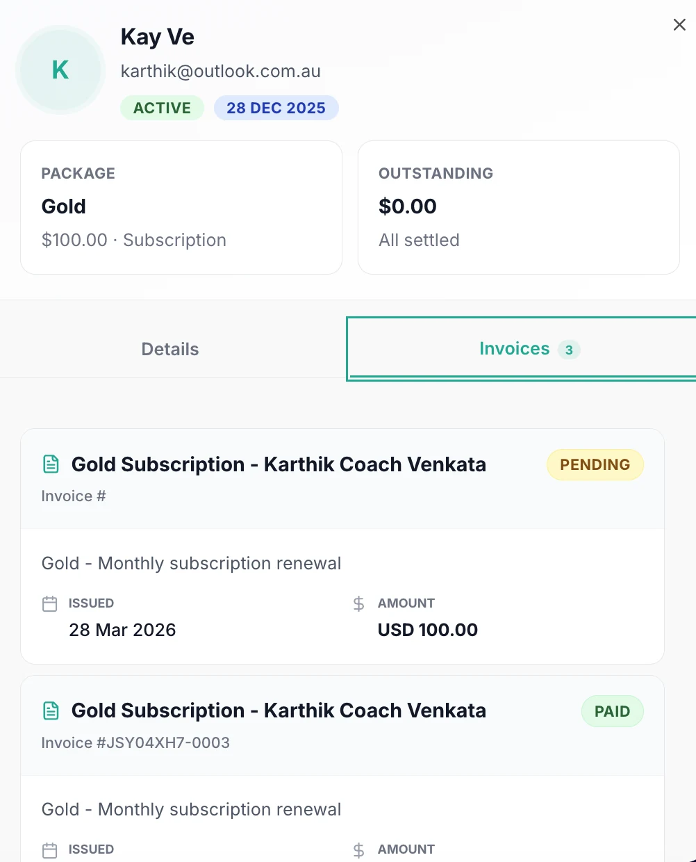 Outcoach member profile showing an active Gold subscription, outstanding balance and monthly renewal invoices