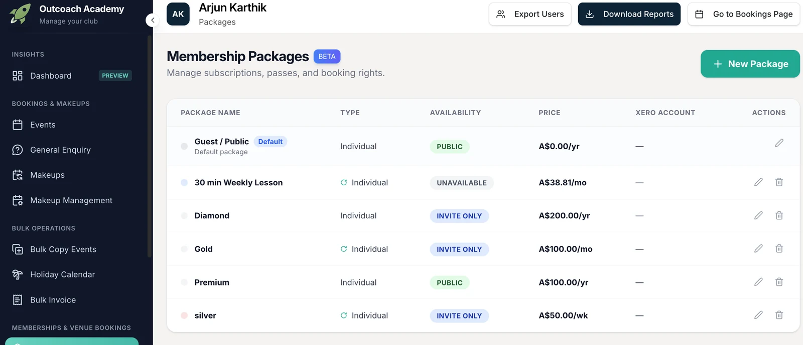 Outcoach Membership Packages with public and invite-only packages, recurring weekly, monthly and yearly prices and Xero accounts