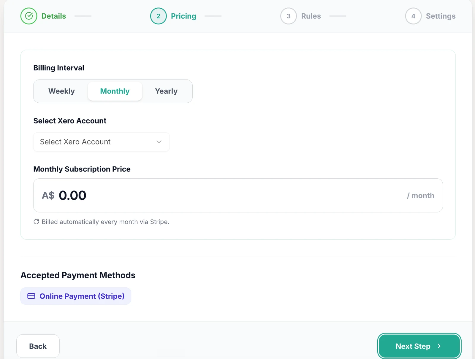 Membership pricing in Outcoach with weekly, monthly and yearly billing, Xero account, monthly subscription price and Stripe payments