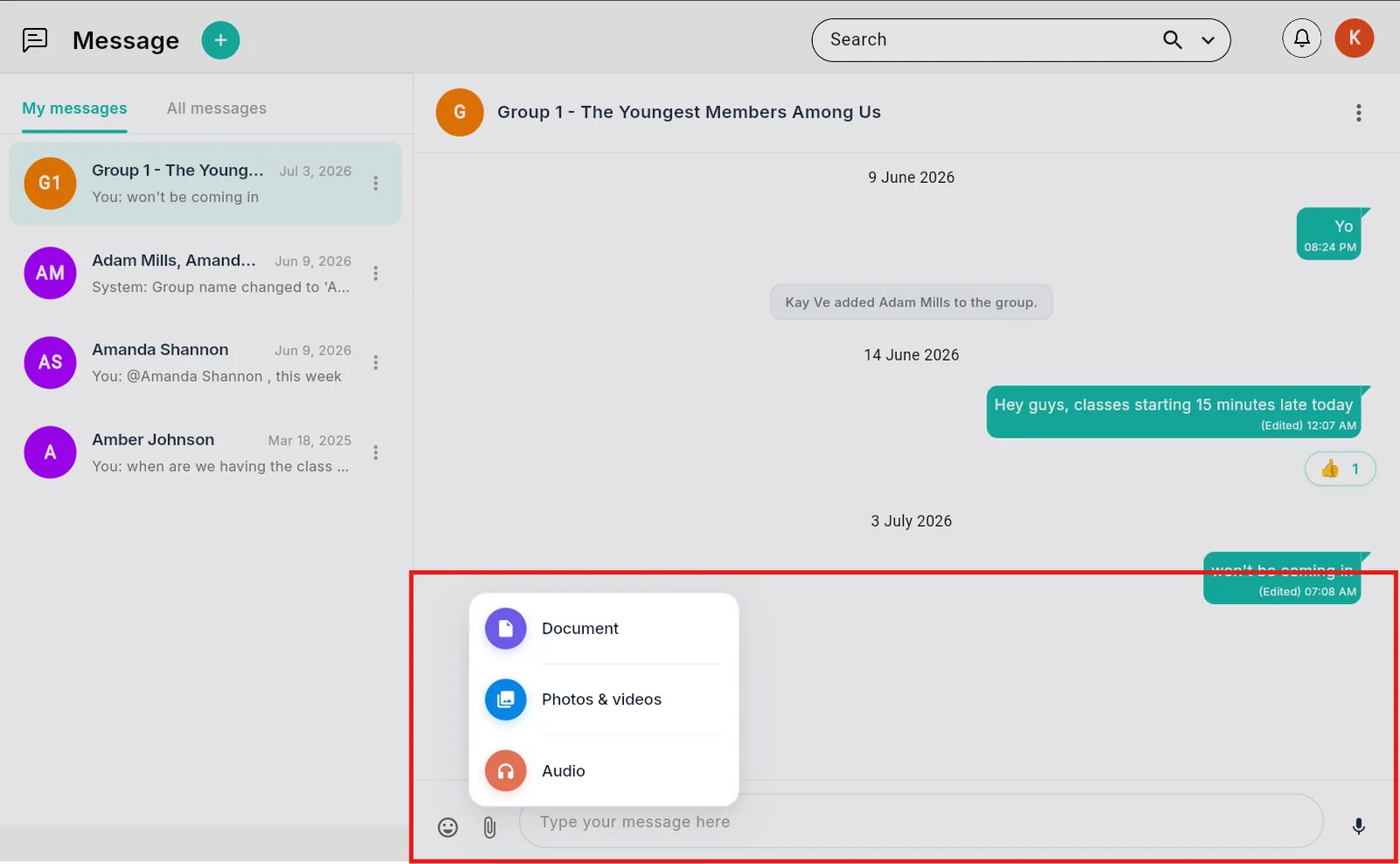 Outcoach group chat with the attachment menu open showing document, photos and videos, and audio options