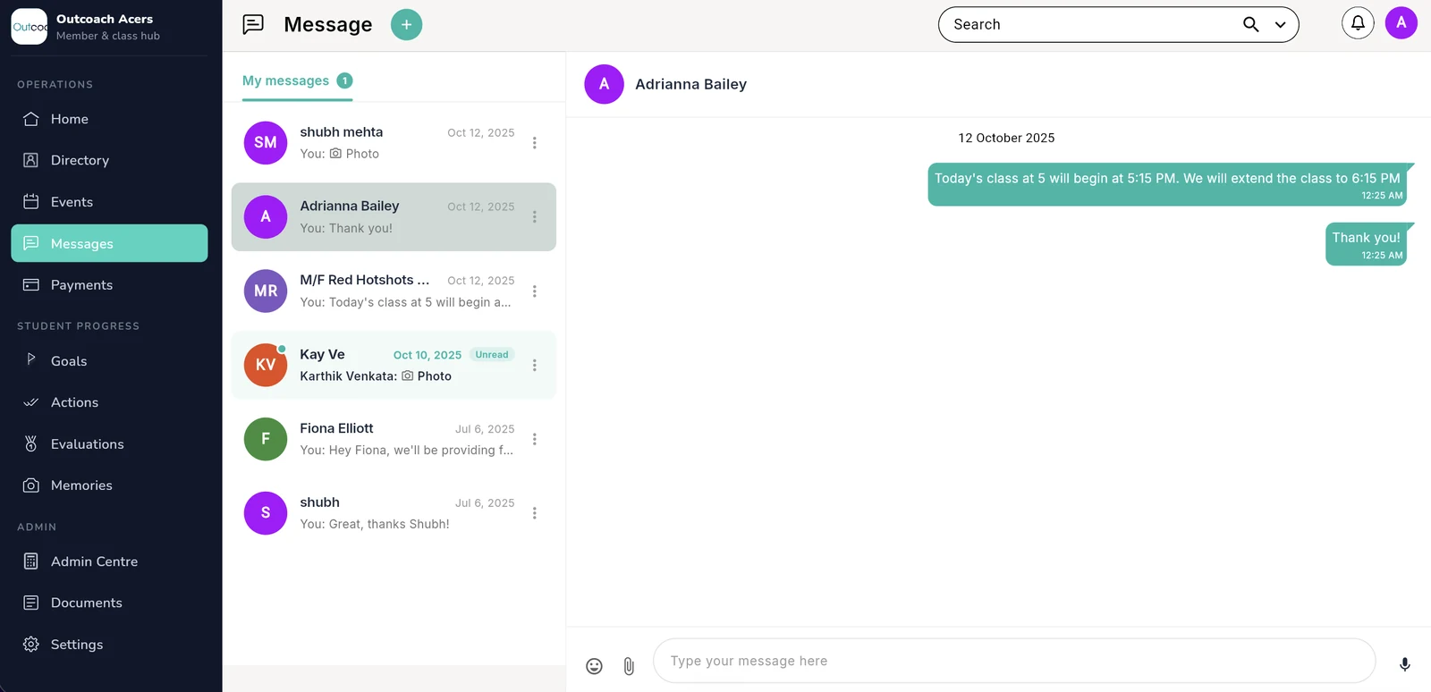 Outcoach Messages inbox with conversations with parents and a class, unread messages and a chat thread