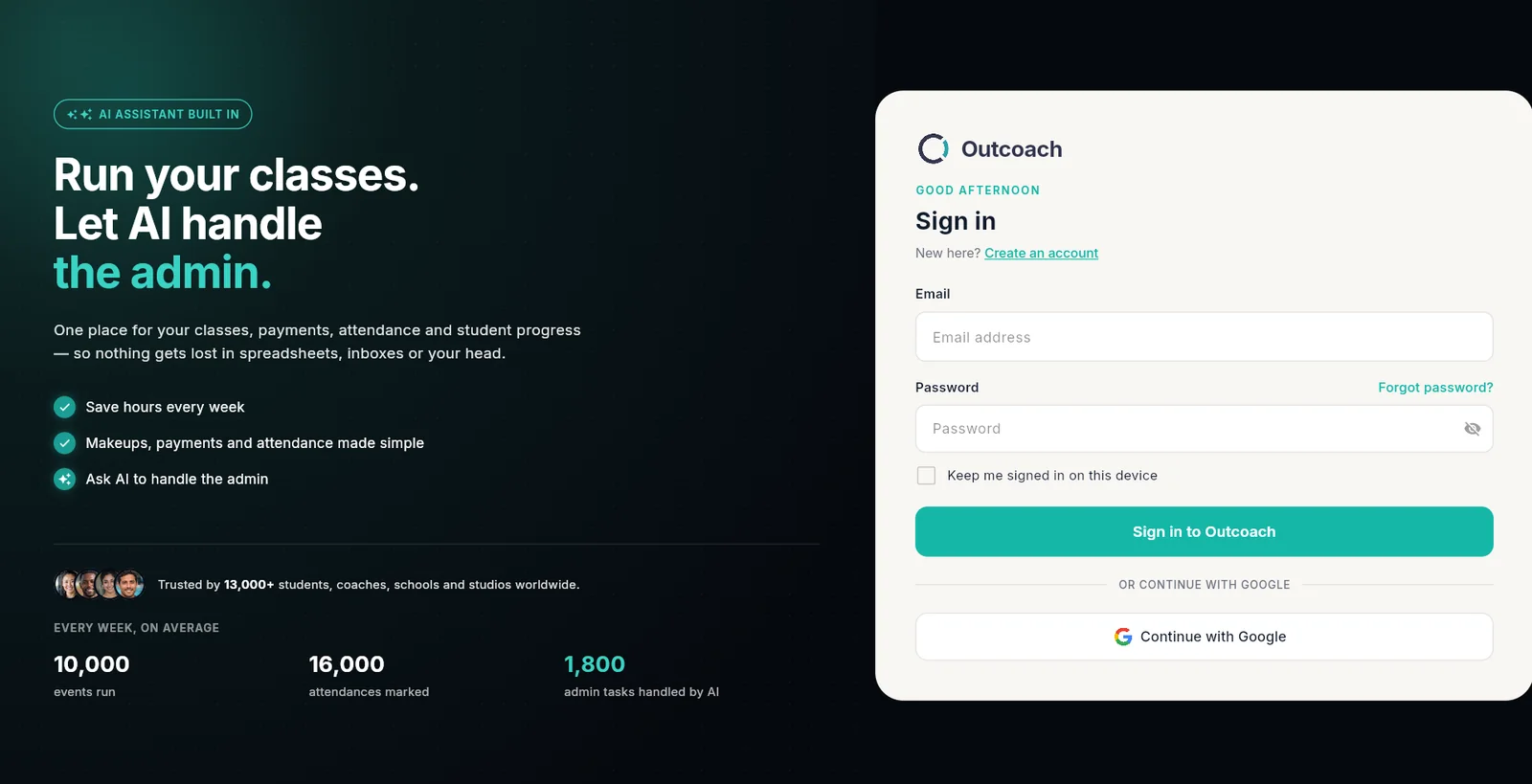 New Outcoach sign-in screen with email and password fields and a Continue with Google option