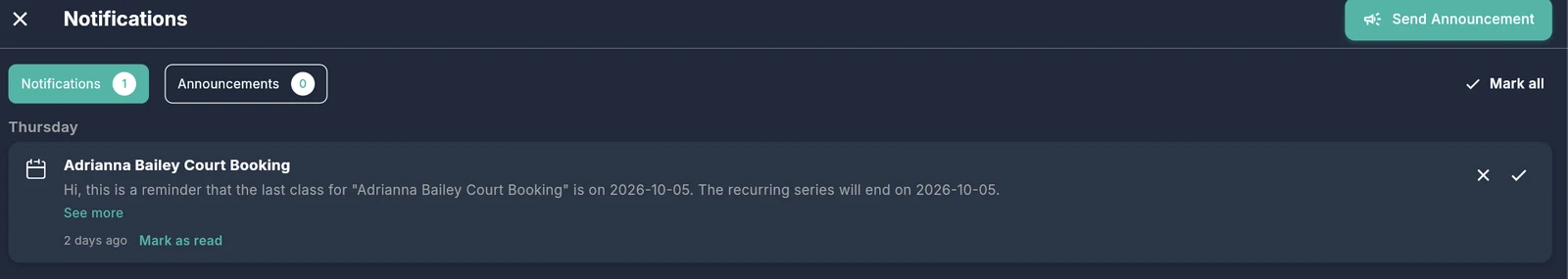Outcoach notification centre with notifications and announcements tabs and an automatic class series reminder