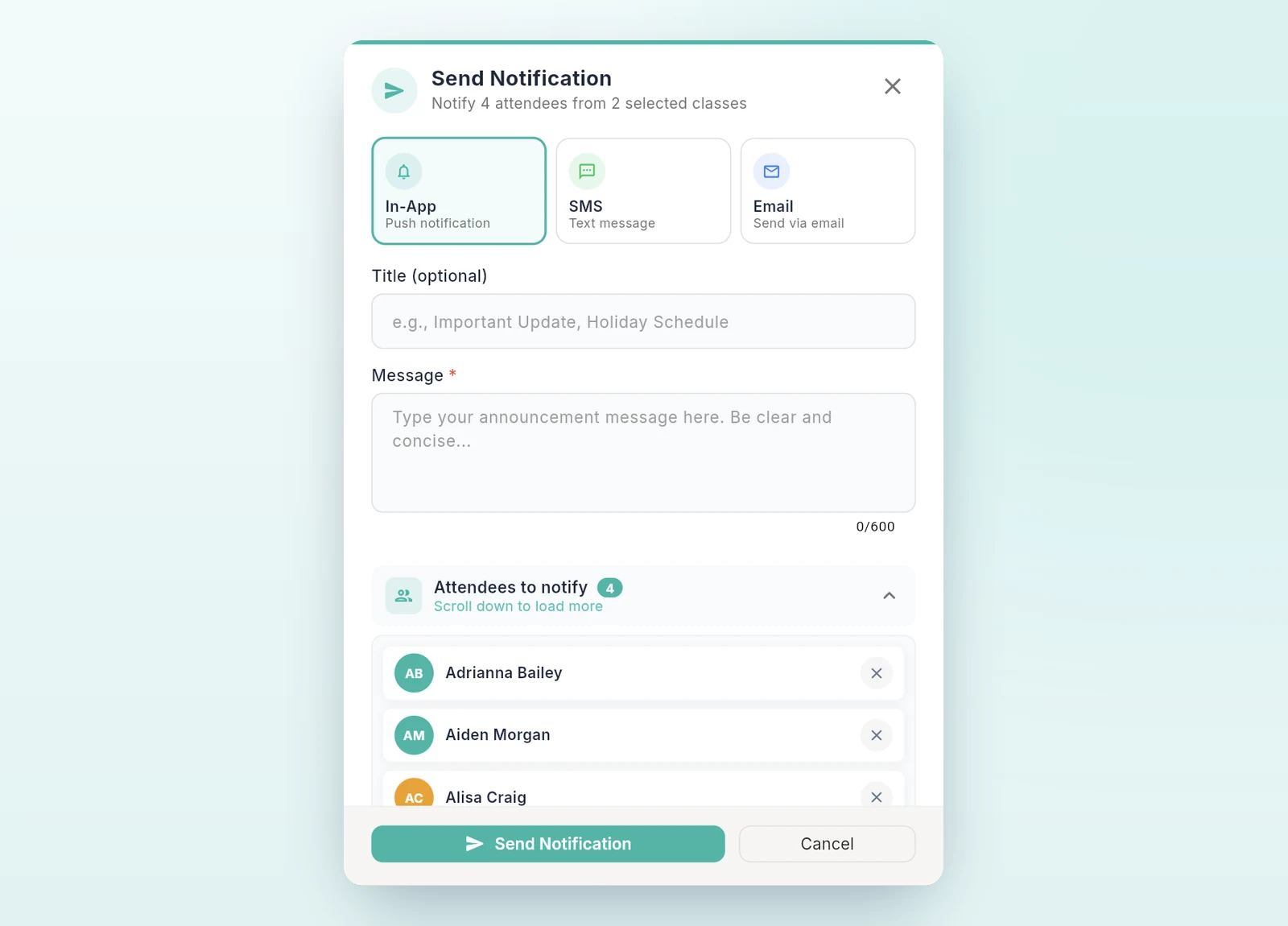 Notifying every attendee in selected classes in Outcoach by in-app push, SMS or email