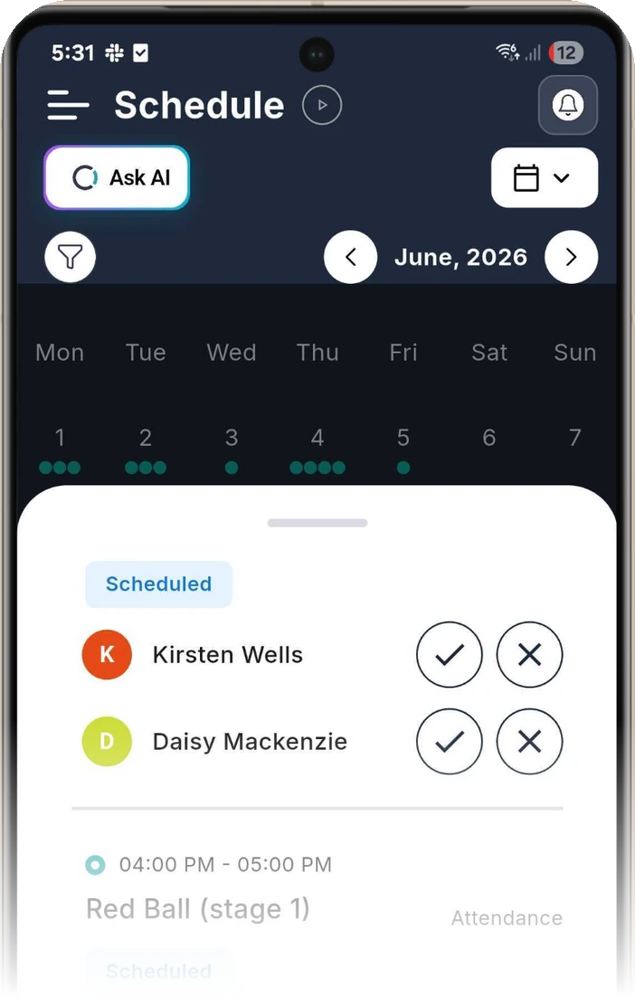 Outcoach mobile app schedule where parents tap the cross to report their child’s absence