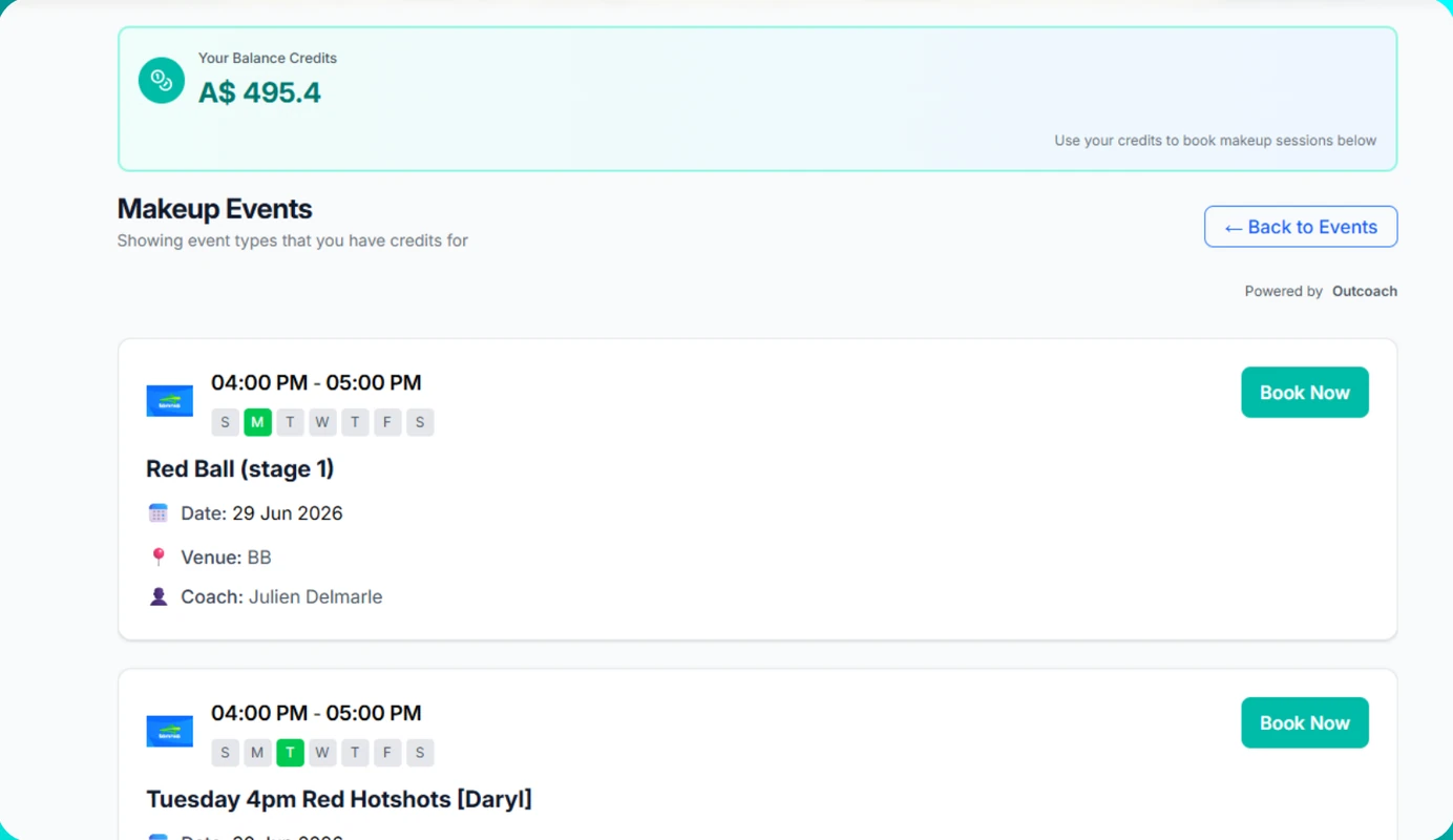 Parent view of Outcoach makeup booking showing their balance credits and makeup events with Book Now buttons