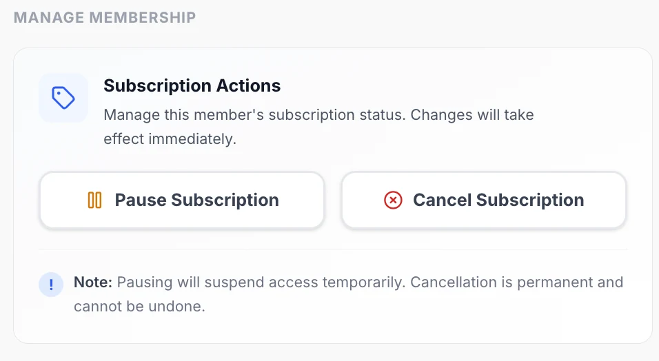 Subscription actions in Outcoach to pause or cancel a member’s subscription