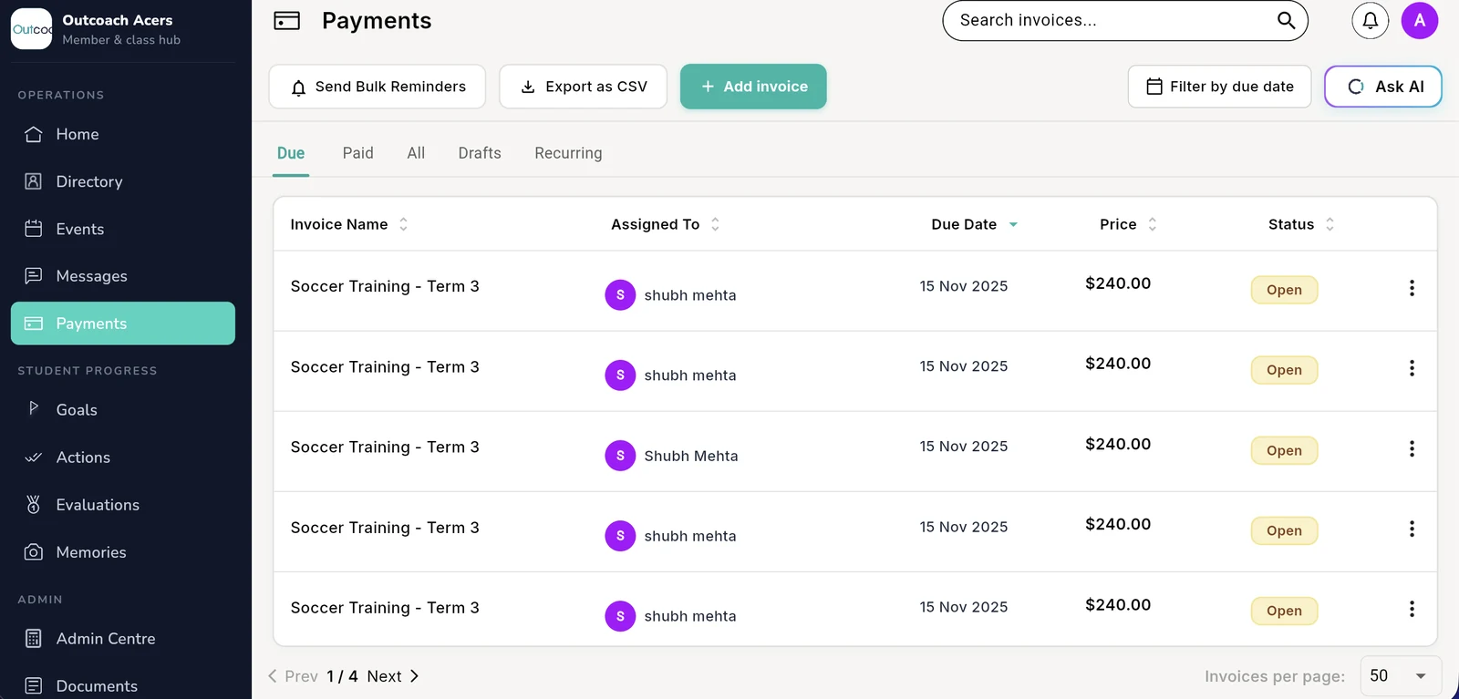 Outcoach Payments screen showing due invoices with status, bulk reminders, CSV export and Ask AI