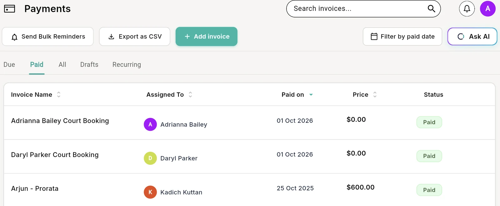 Outcoach paid invoices tab with paid-on dates, filter by paid date and CSV export