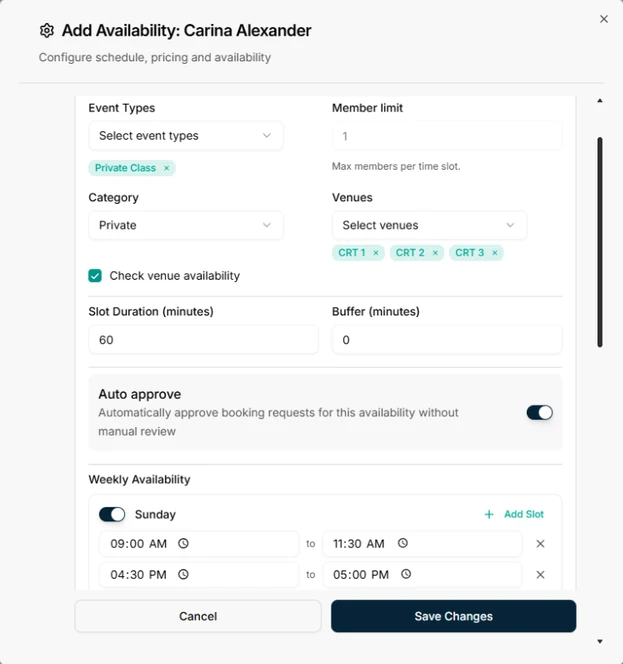 Adding a coach’s availability in Outcoach with event types, venues, slot duration, buffer, auto approve and weekly slots