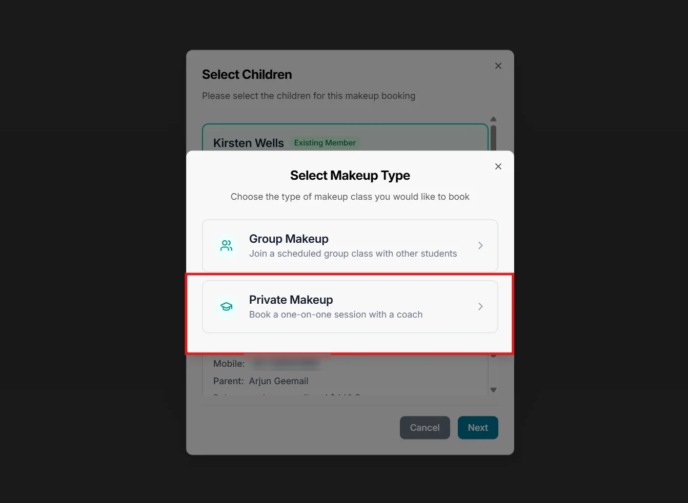 Select Makeup Type dialog in Outcoach with Group Makeup and Private Makeup options