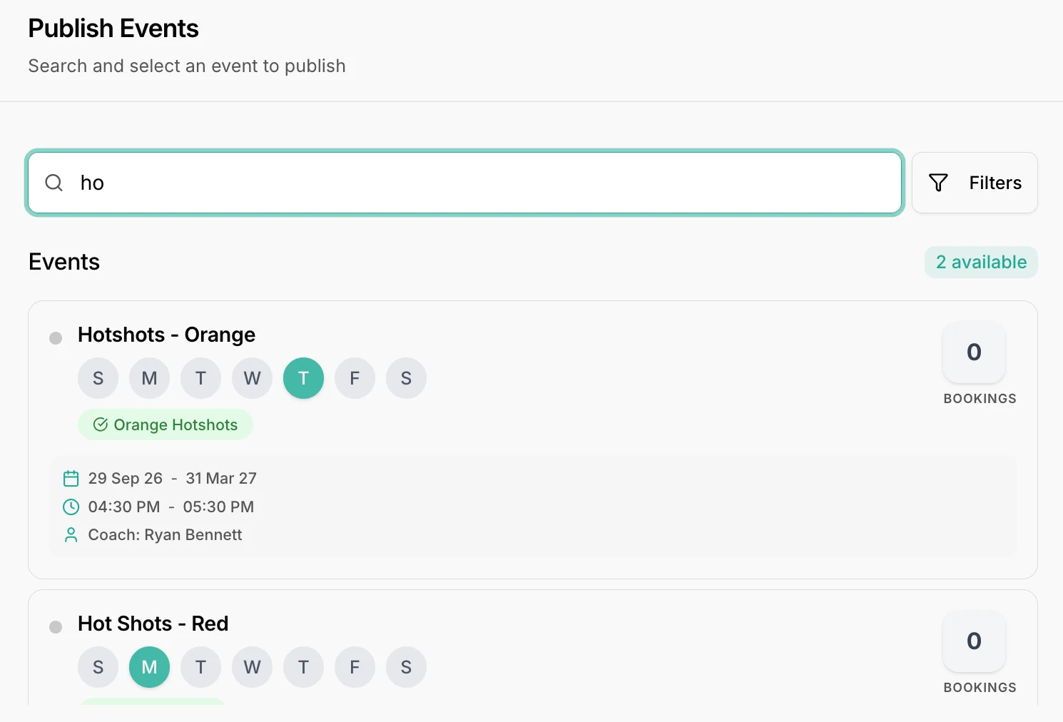 Publishing events in Outcoach with search, filters, class days, dates, coach and booking count