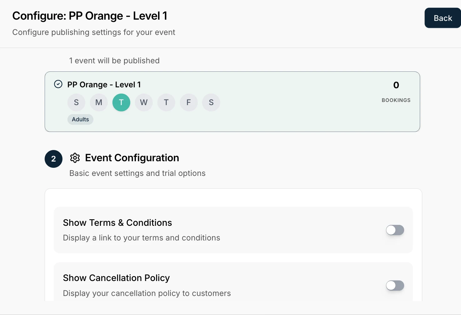Publishing the PP Orange Level 1 group class to the Outcoach booking page, with event configuration options