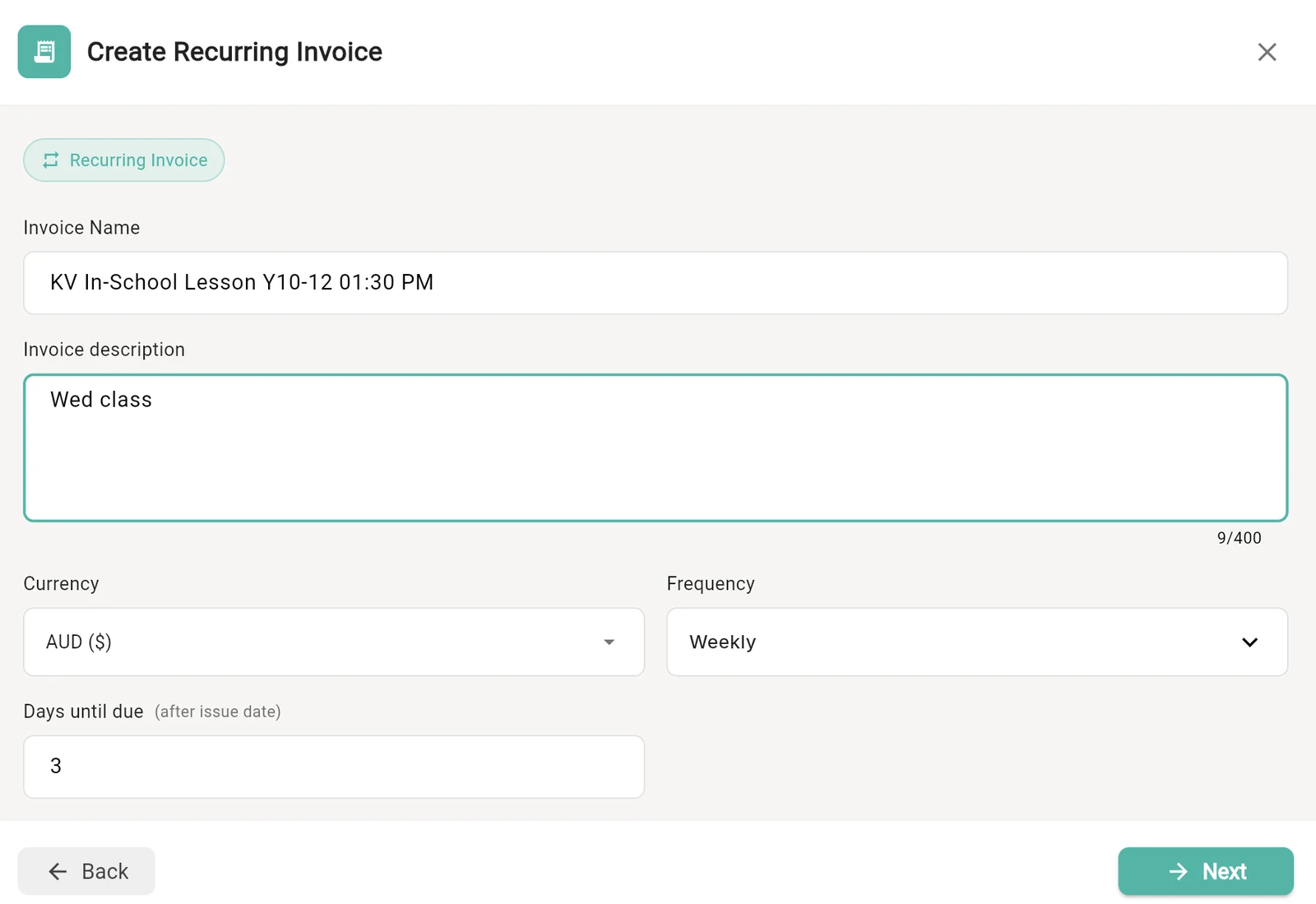 Setting up a weekly recurring invoice in Outcoach with currency and days until due