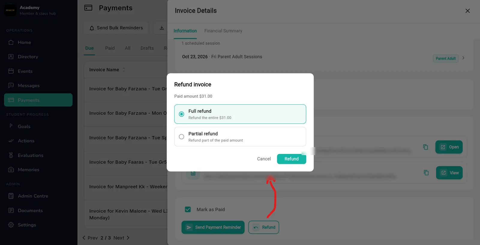 Refund invoice dialog in Outcoach with full refund and partial refund options