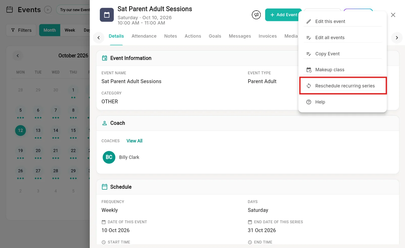 Event actions menu in Outcoach with Reschedule recurring series highlighted