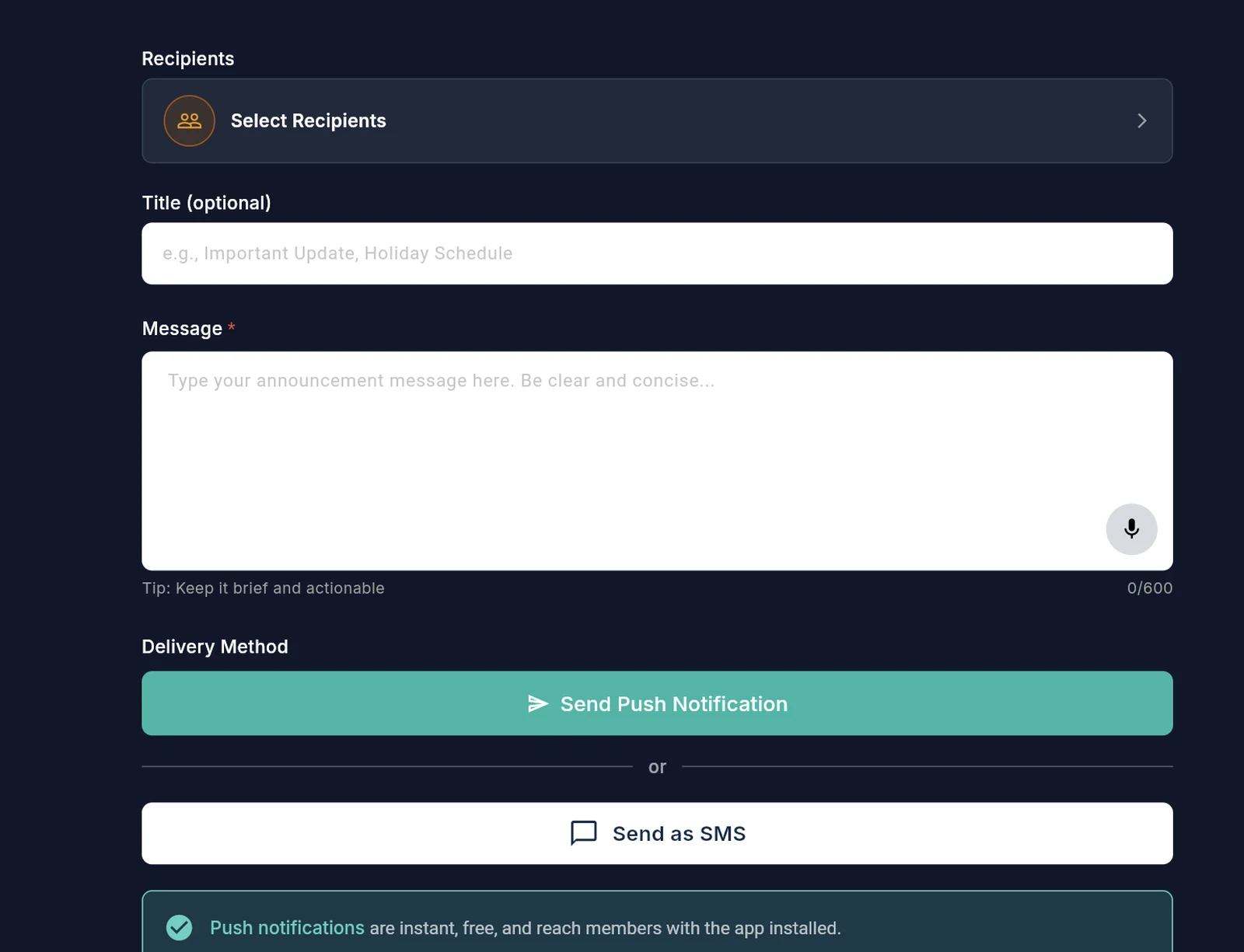 Sending an announcement in Outcoach with recipients, title, message, voice input and push or SMS delivery