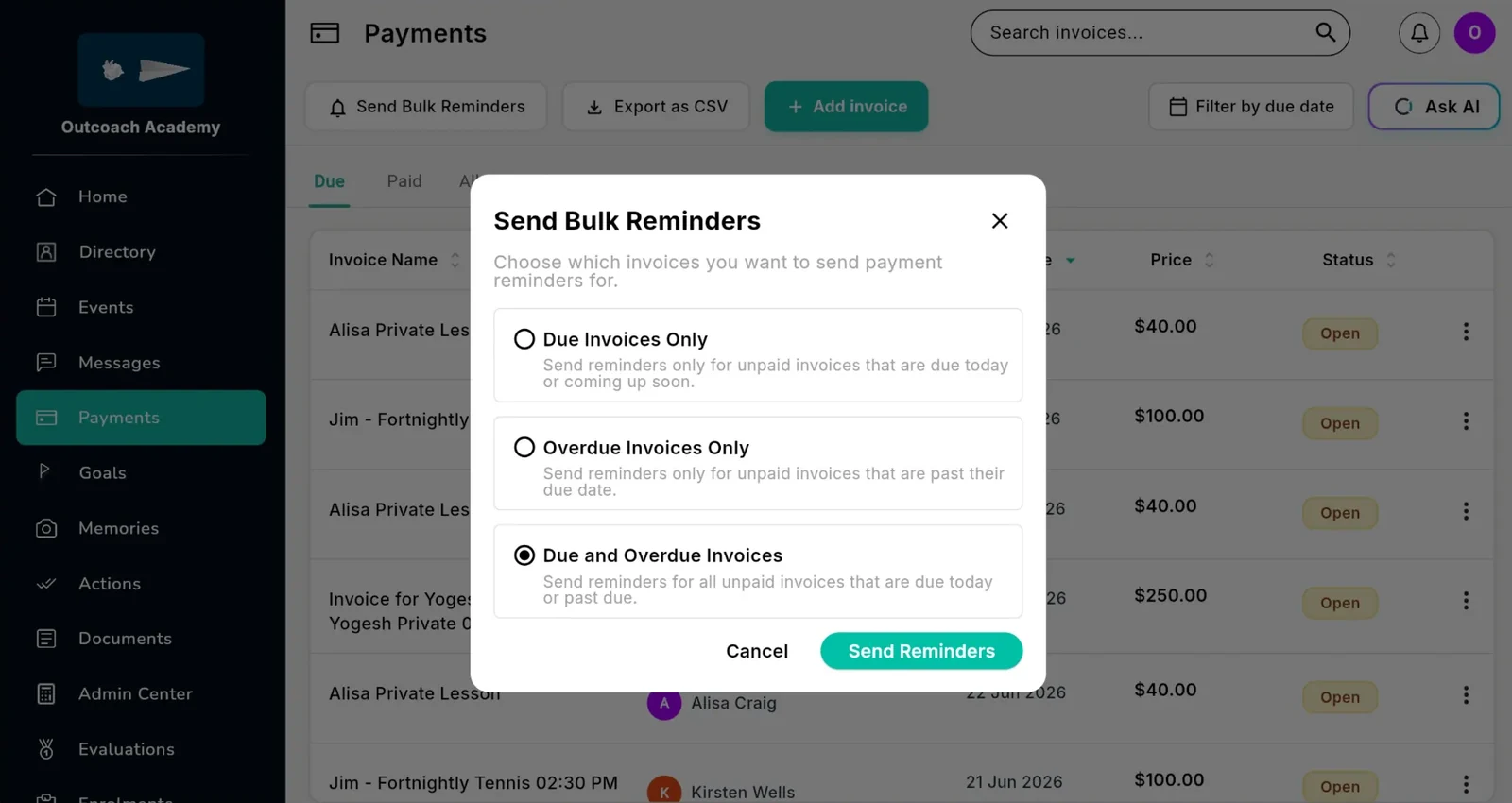 Sending bulk payment reminders in Outcoach for due, overdue, or due and overdue invoices