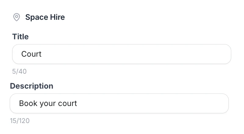 Space Hire settings in Outcoach to set the title and description customers see on the booking page