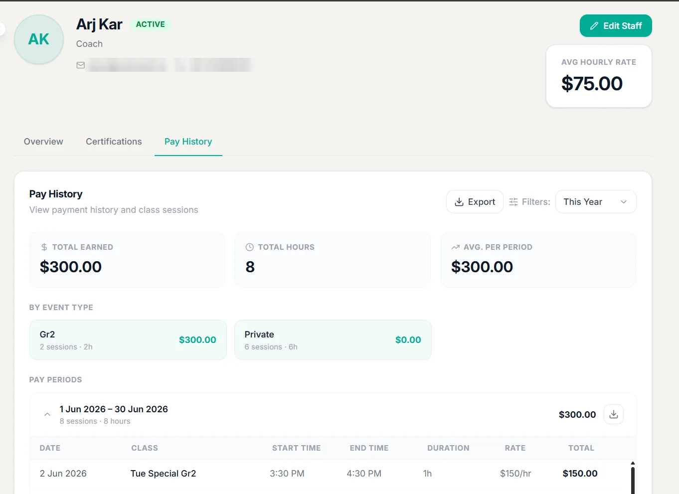 Coach profile in the Outcoach Staff module showing pay history, total hours and earnings by event type