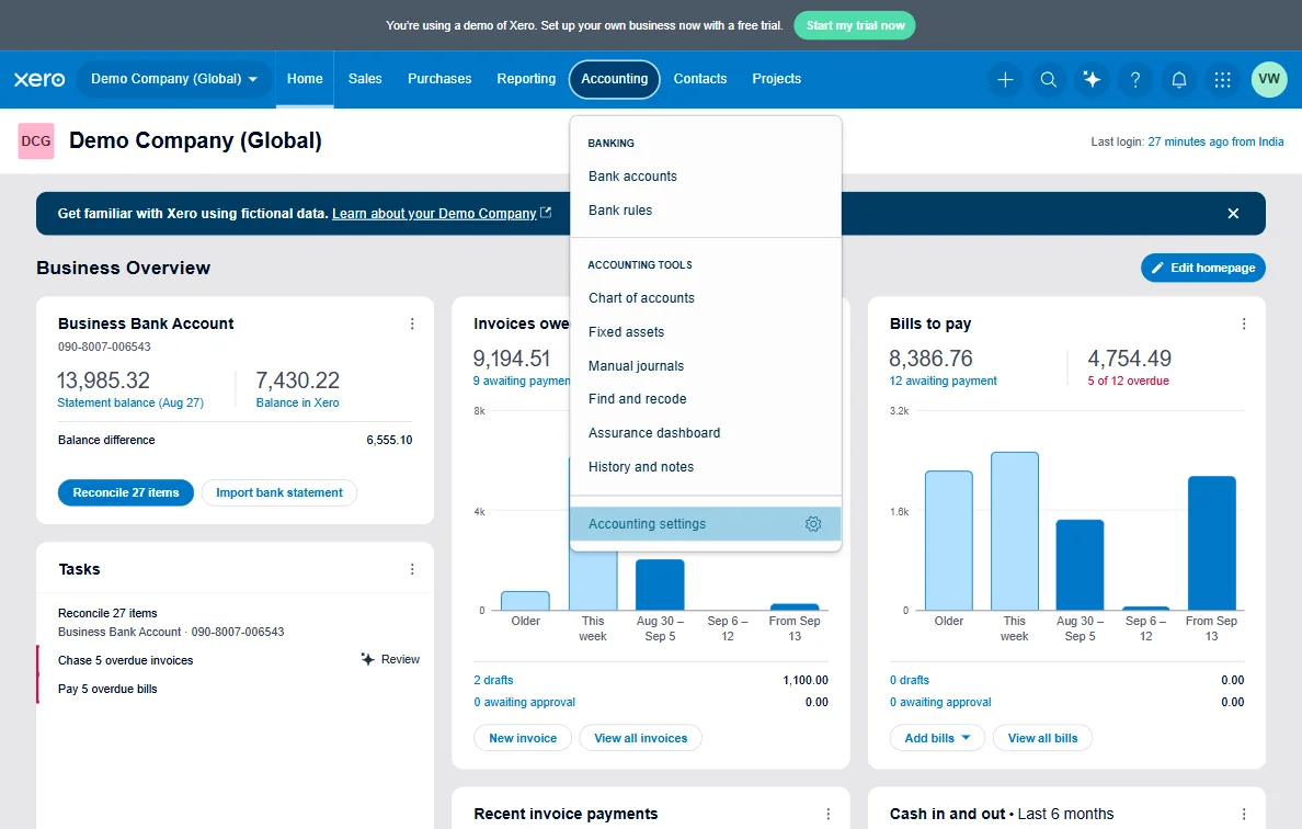Xero dashboard with the Accounting menu open, used when setting up tax rates for Stripe and Outcoach