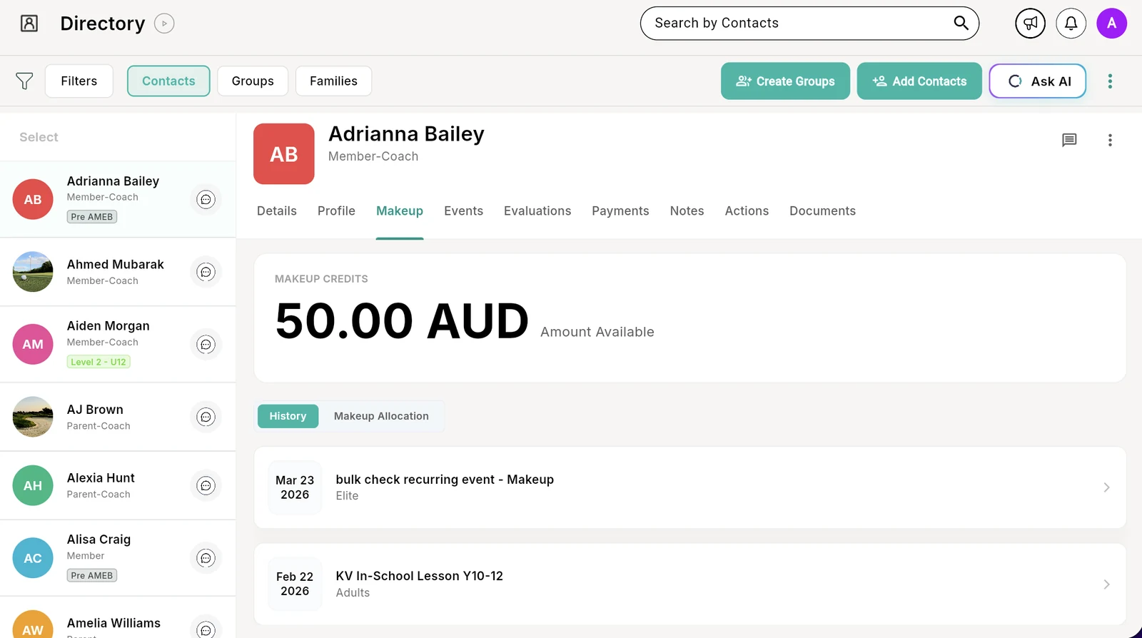 Student profile in the Outcoach directory showing the Makeup tab with 50.00 AUD available and makeup history