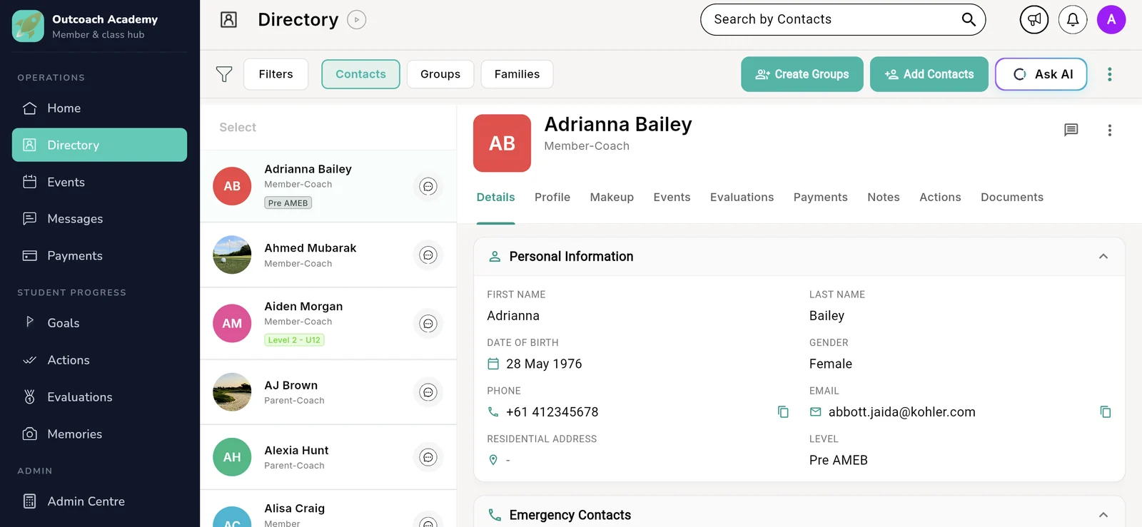 Outcoach directory with a student profile showing personal details, level and tabs for events, evaluations, payments, notes and documents