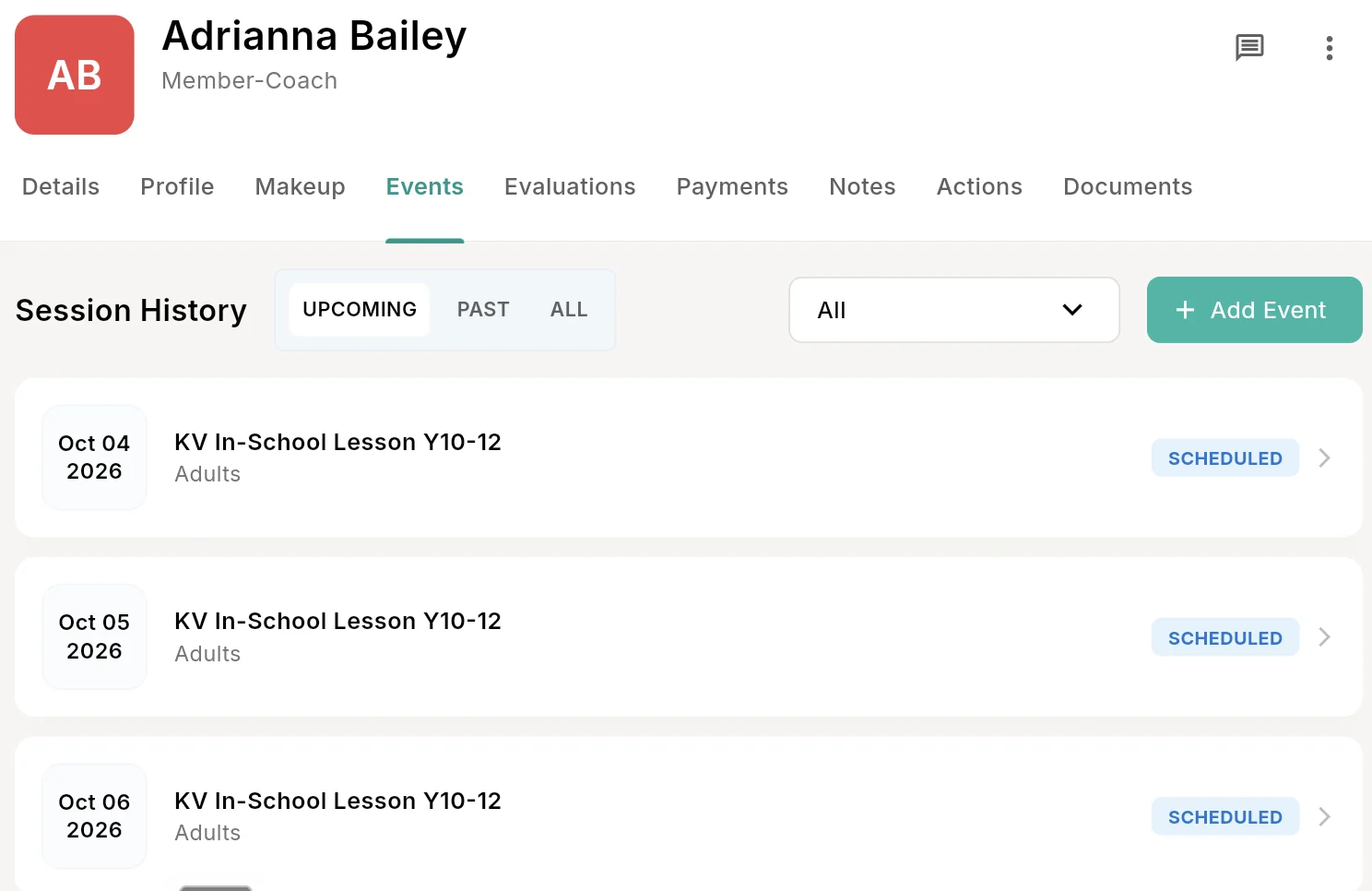 Outcoach student profile Events tab listing upcoming scheduled lessons