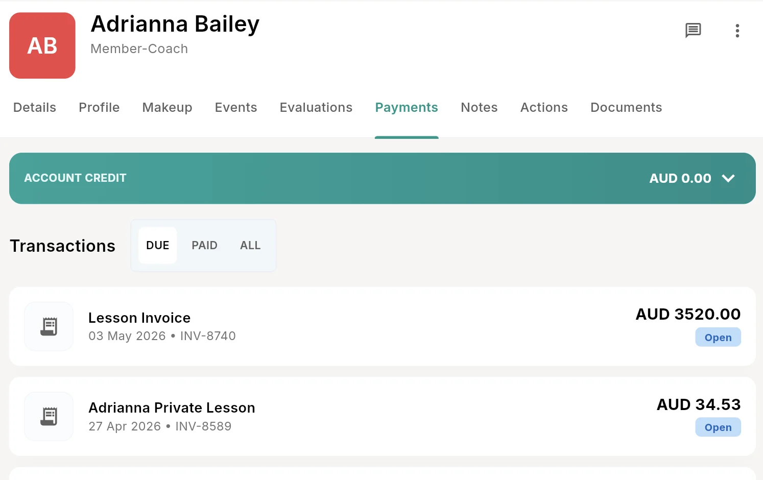 Outcoach student profile Payments tab with account credit and due invoices