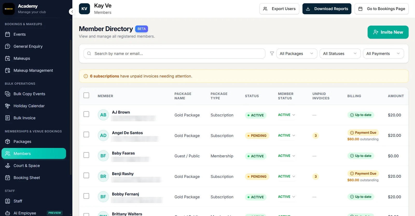 Outcoach Member Directory showing each member’s subscription package, status, unpaid invoices and billing