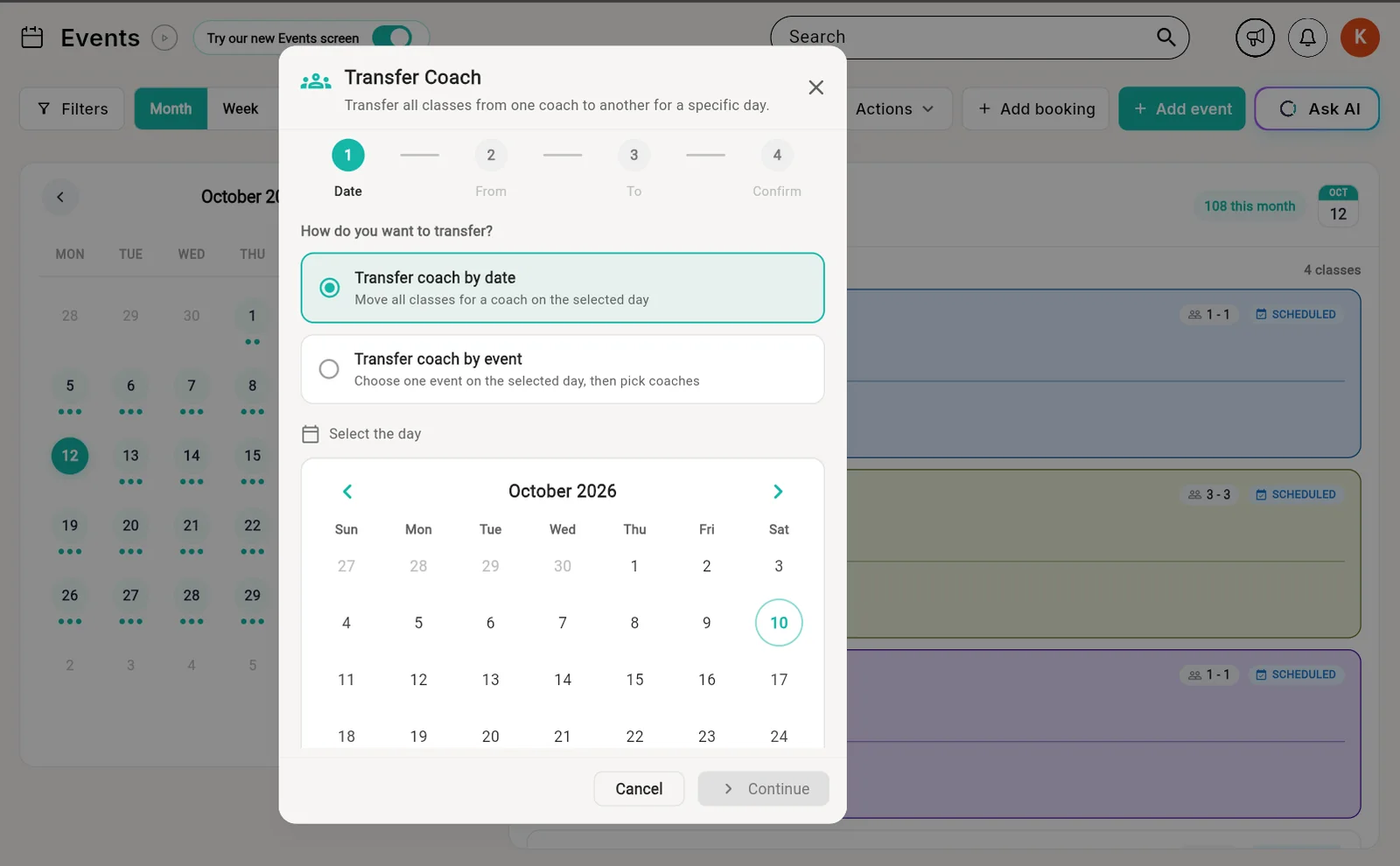 Transfer Coach dialog in Outcoach with options to transfer by date or by event