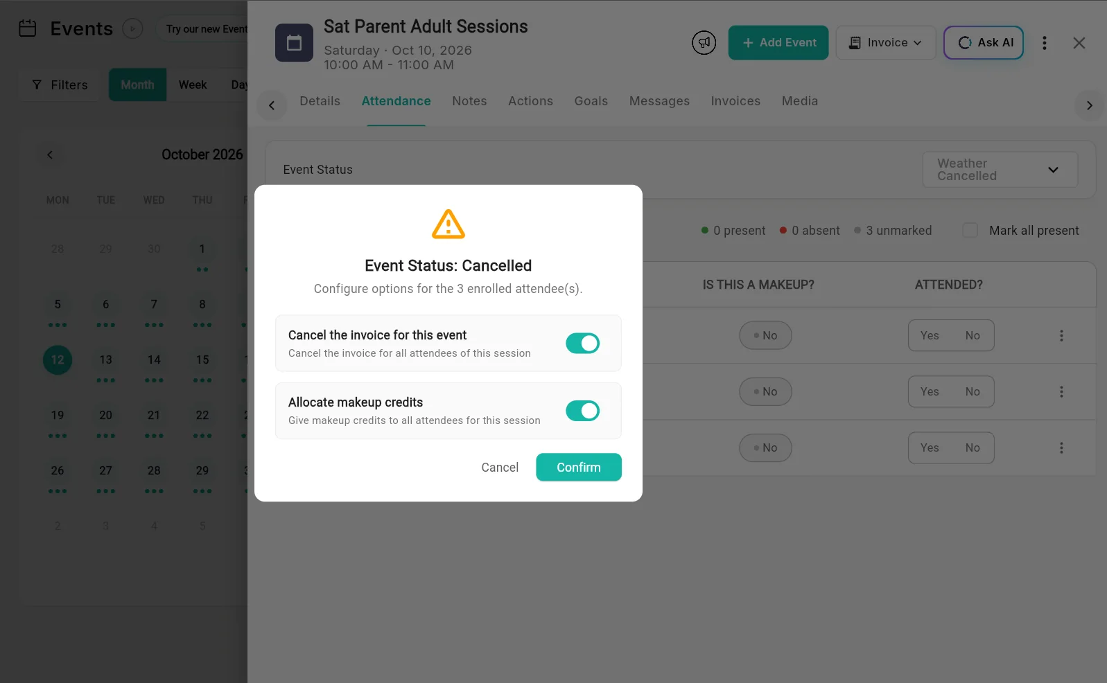 Event Status Cancelled dialog in Outcoach with options to cancel the invoice and allocate makeup credits