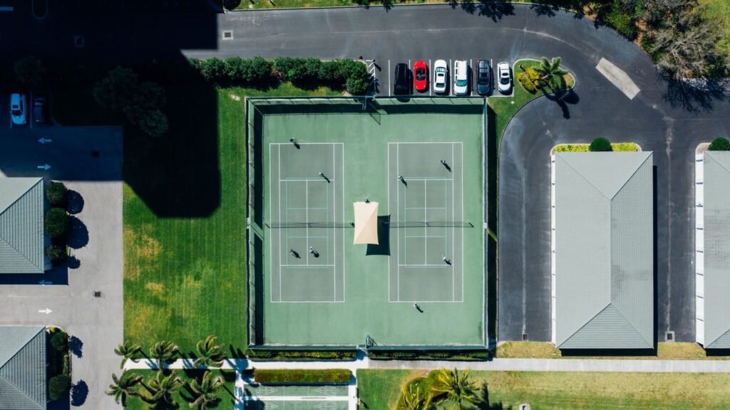 Aerial view of two tennis courts at a local club